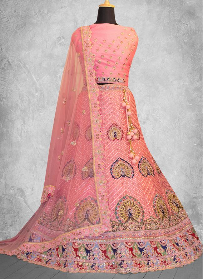 Organza Silk Peach Wedding Wear Sequins Work Lehenga Choli